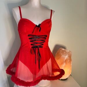 Red Lace-Up Babydoll Lingerie
